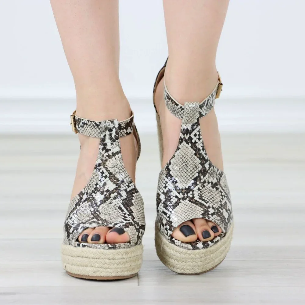 Faux Snakeskin Wedge Sandals Ankle Strap Espadrille Platform Buckle Closure